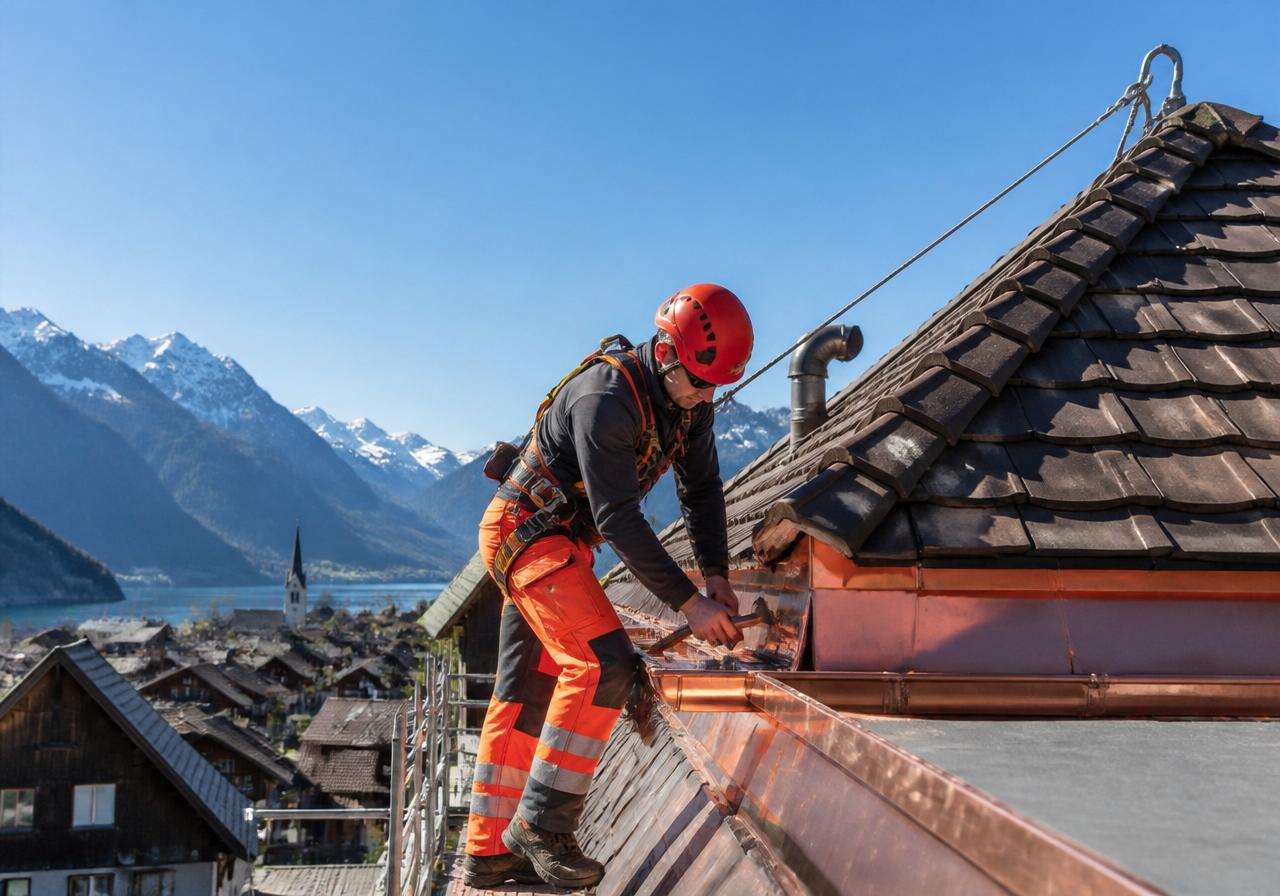 Spengler bei Service- und Reparaturarbeiten auf einem Steildach in der Region Basel, gesichert mit PSAgA-Seilsicherung – Leonhardt AG Dach & Spenglerei